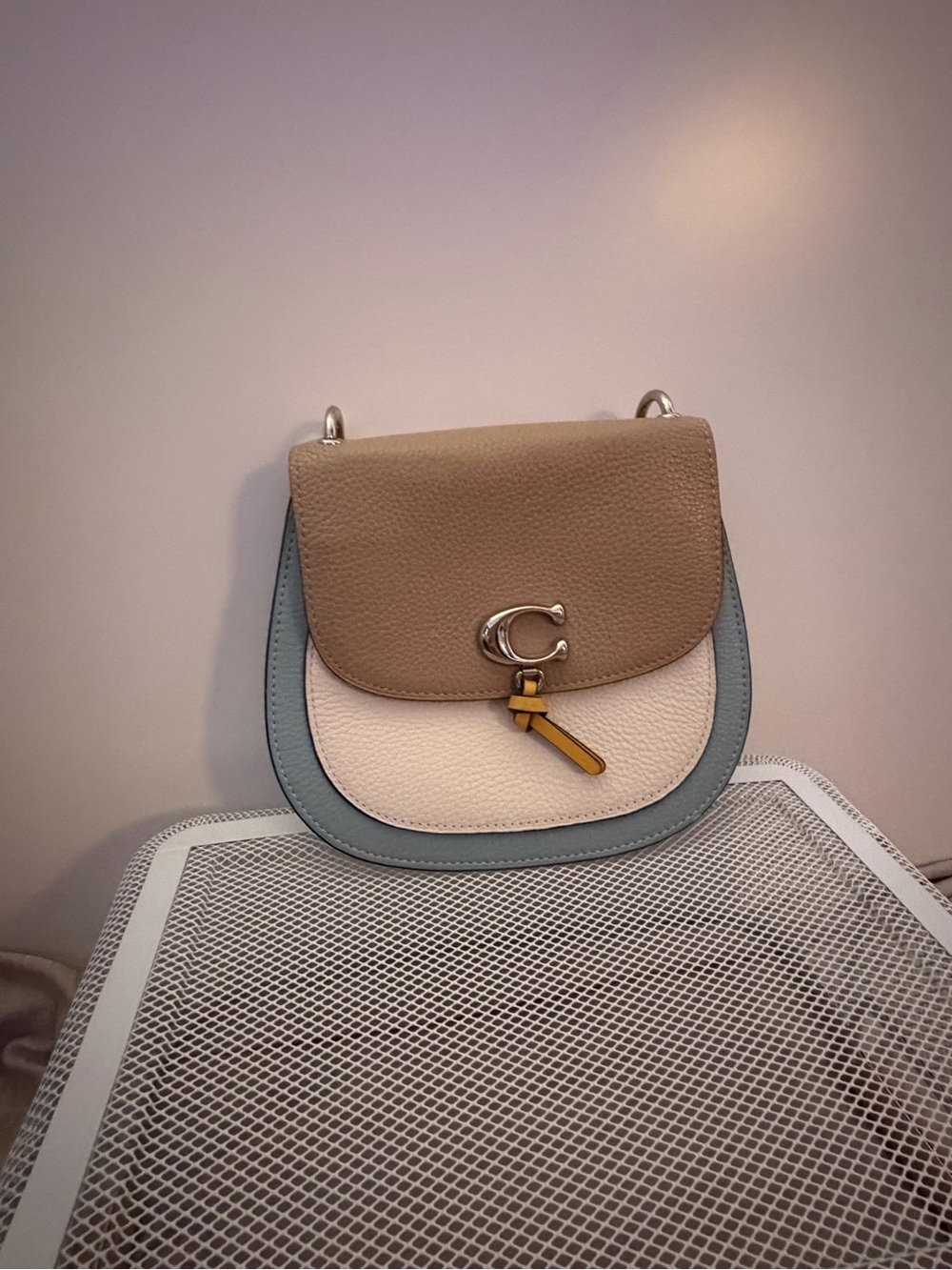 Coach Tricolor Pebbled Leather Crossbody - Taupe, Cream & Light Blue